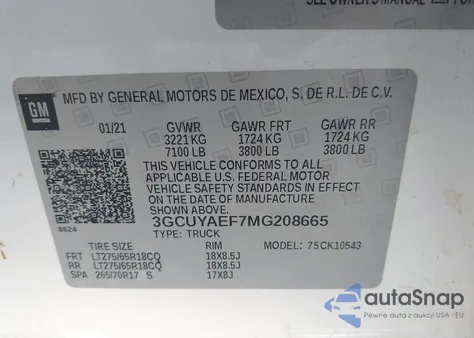 2021 Chevrolet Silverado 1500 4Wd Short Bed Wt из США, поврежденный, VIN 3GCUYAEF7MG208665